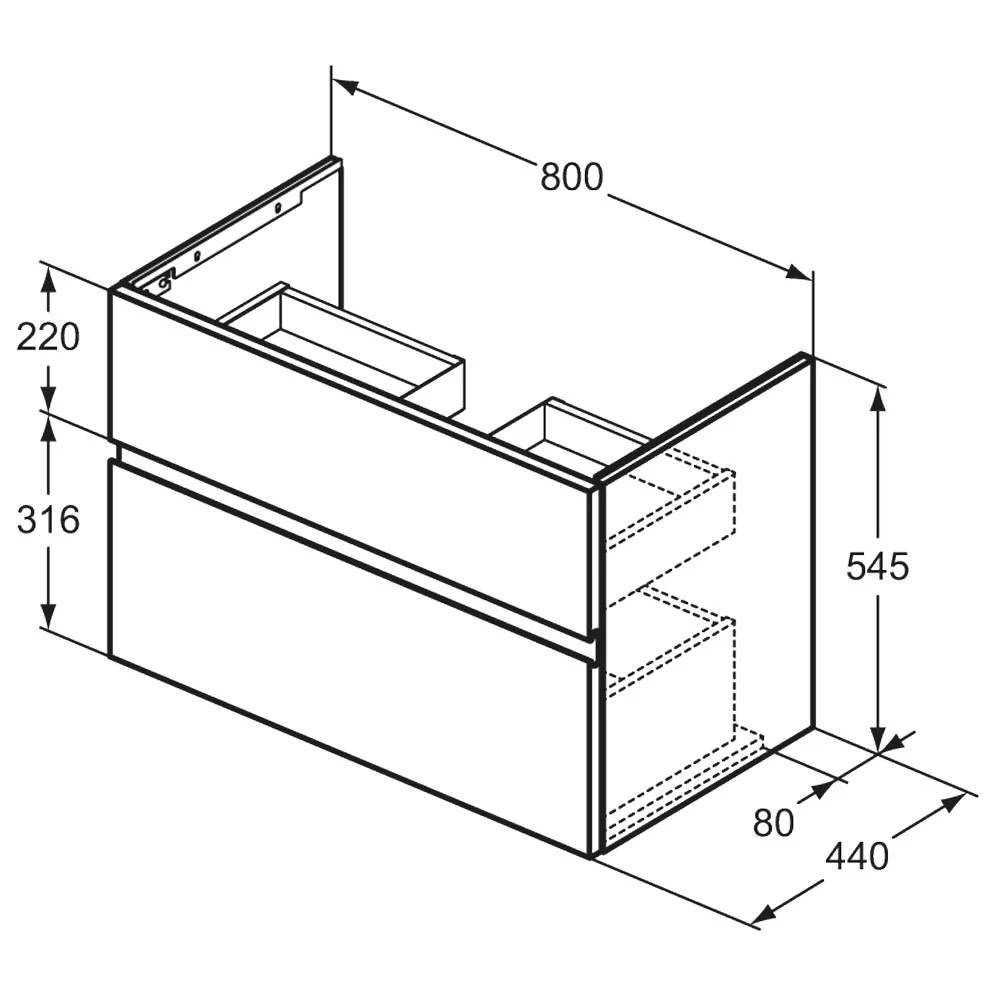 Rysunek techniczny szafki łazienkowej z wymiarami, Ideal Standard