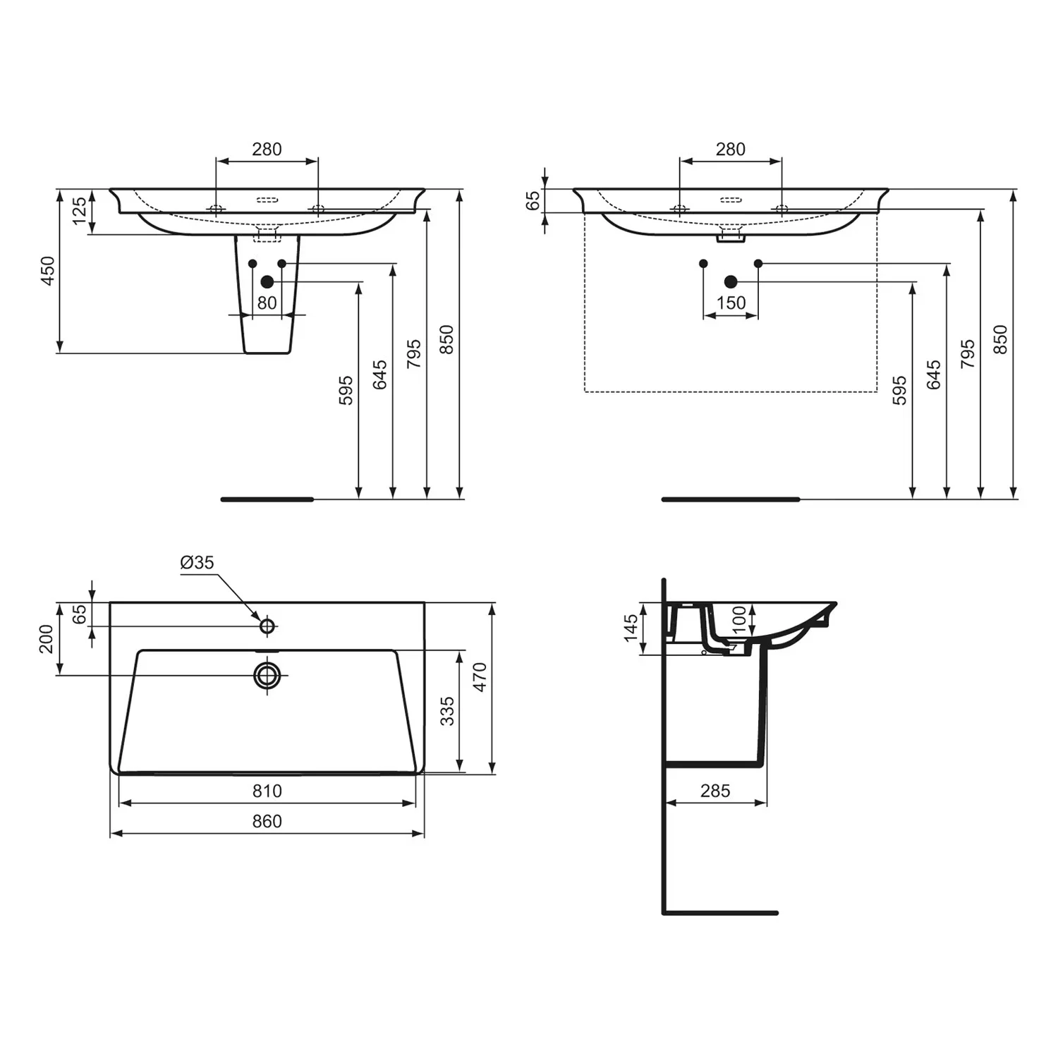 Rysunek techniczny umywalki z wymiarami, Ideal Standard