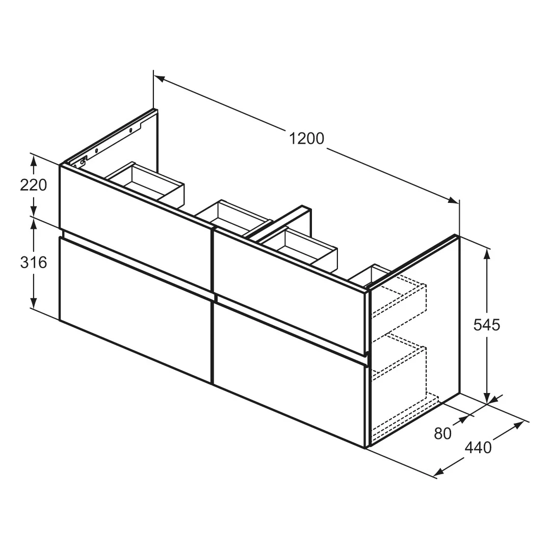 Rysunek techniczny szafki pod umywalkę z wymiarami, Ideal Standard