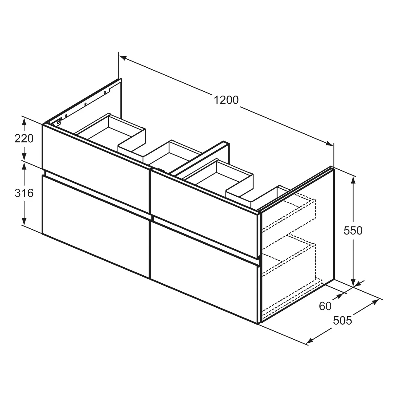 Rysunek techniczny szafki pod umywalkę z wymiarami, Ideal Standard