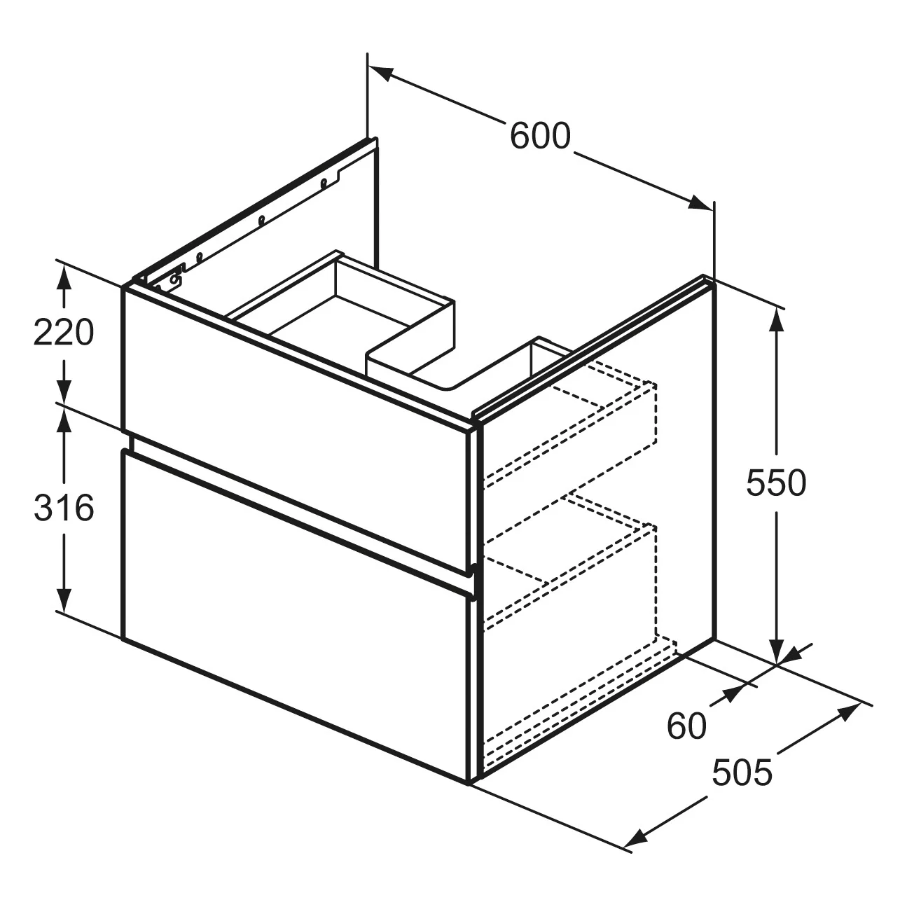 Ideal Standard Finesse Waschtischunterschrank 60 cm mit 2 Auszügen für Möbelwaschtisch Bild 3