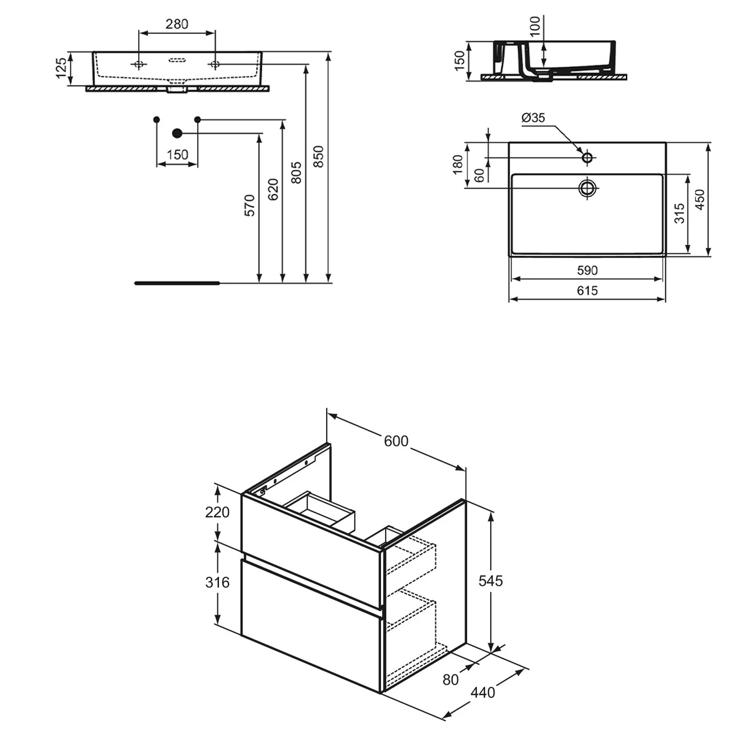 Rysunek techniczny umywalki z wymiarami, Ideal Standard