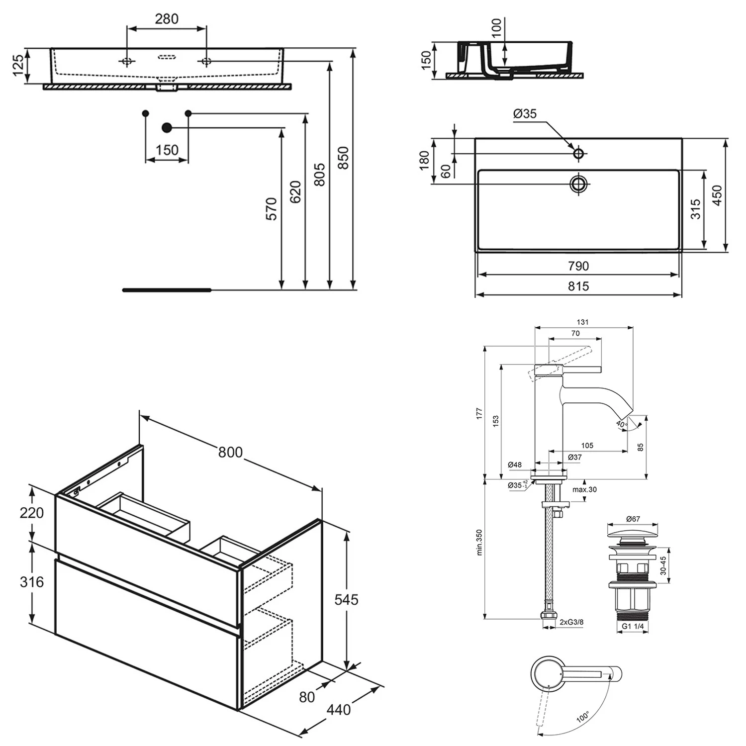 Rysunek techniczny umywalki z wymiarami, Ideal Standard