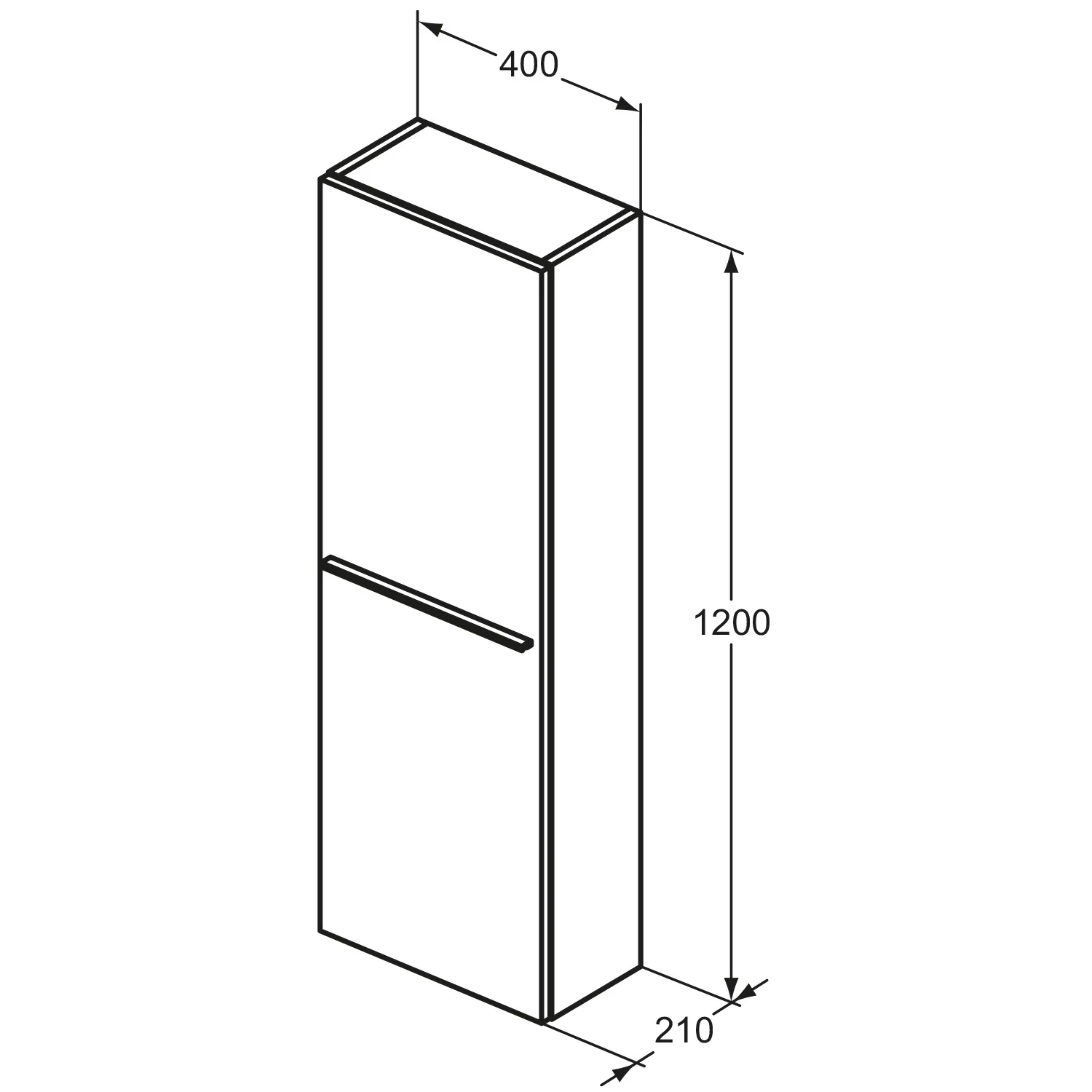 Rysunek techniczny wysokiej szafki z wymiarami, Ideal Standard