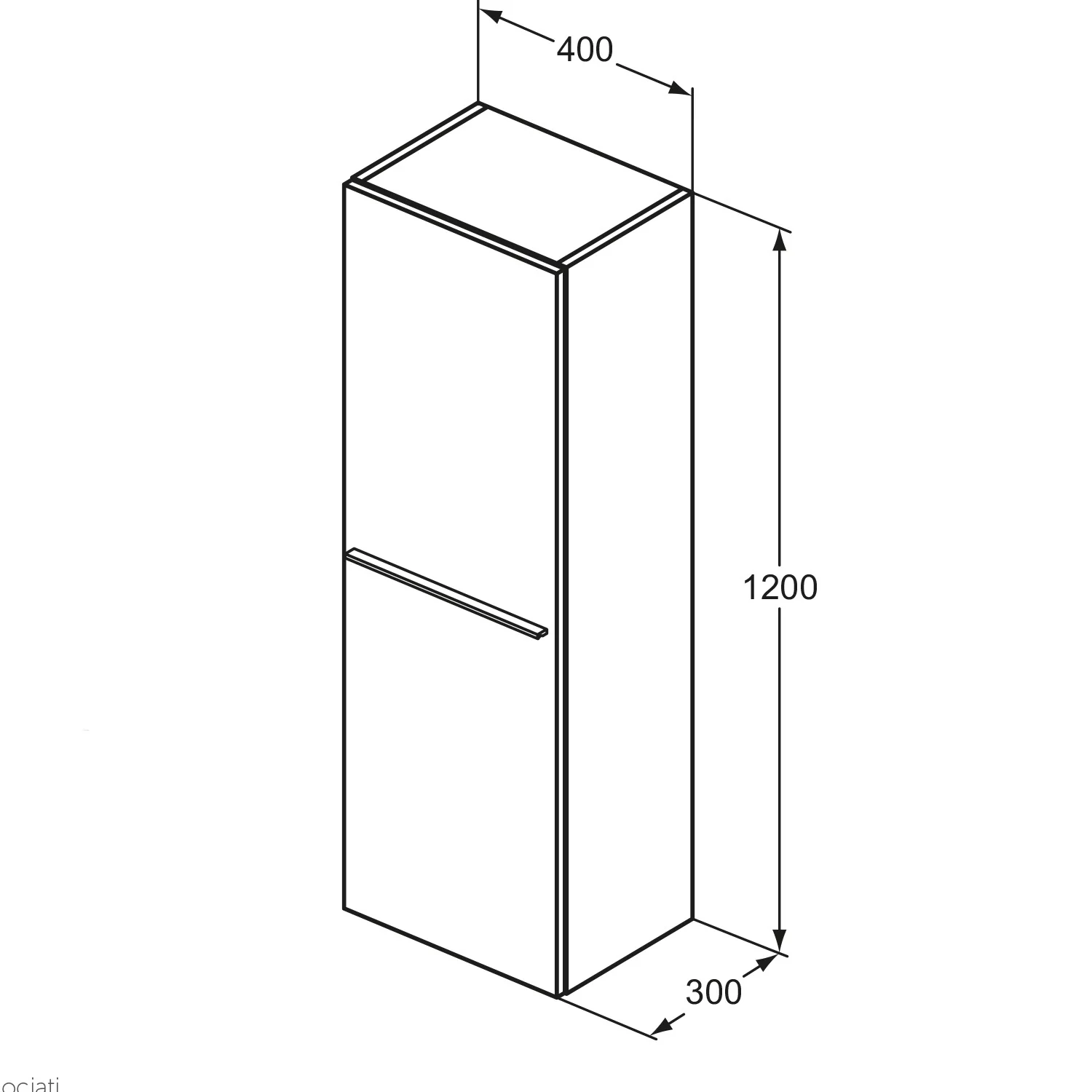 Rysunek techniczny wysokiej szafki z wymiarami, Ideal Standard