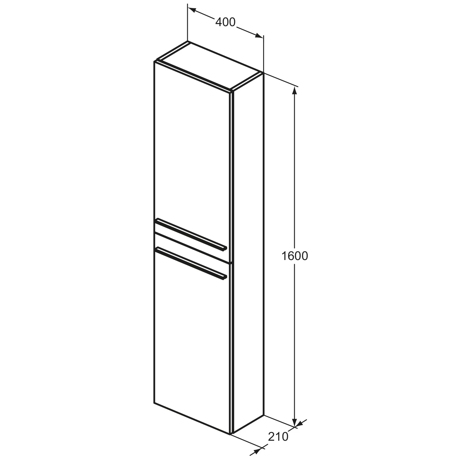 Rysunek techniczny wysokiej szafki z wymiarami, Ideal Standard