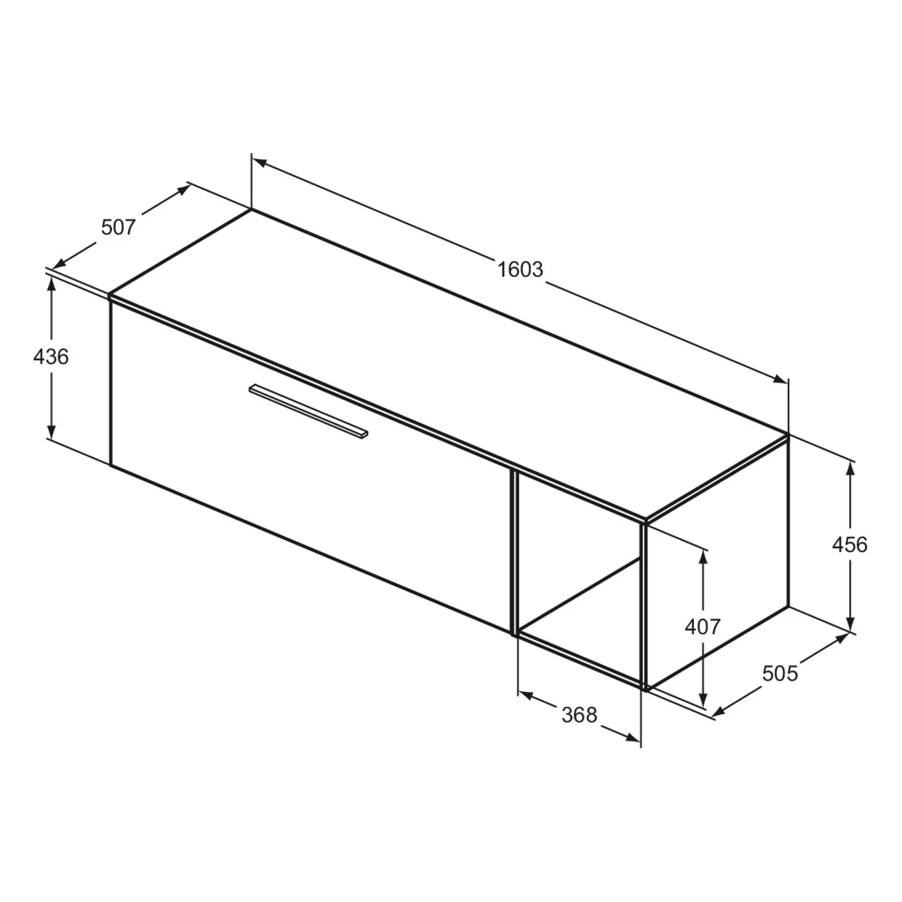 Rysunek techniczny szafki łazienkowej z wymiarami, Ideal Standard