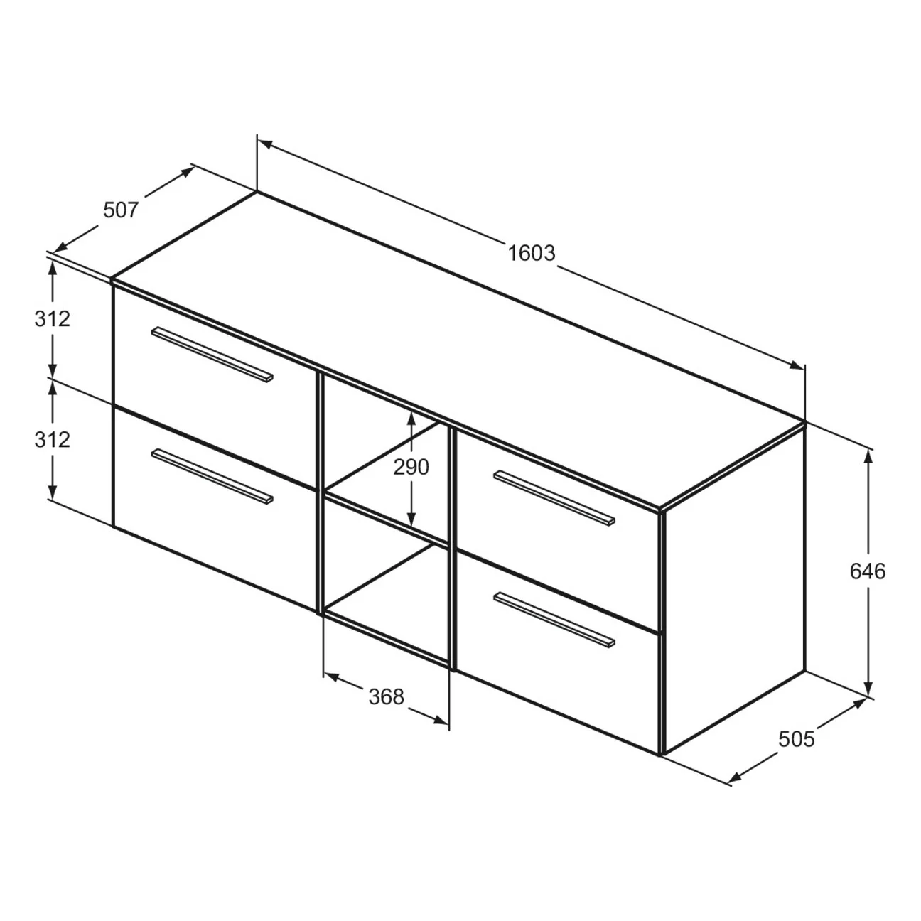 Rysunek techniczny szafki łazienkowej z wymiarami, Ideal Standard