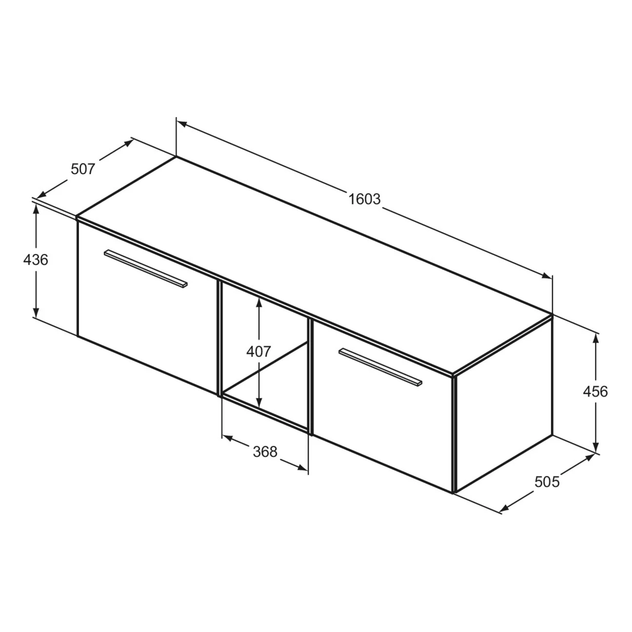 Rysunek techniczny szafki łazienkowej z wymiarami, Ideal Standard