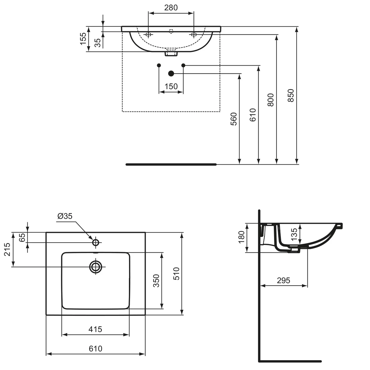 Rysunek techniczny umywalki z wymiarami, Ideal Standard