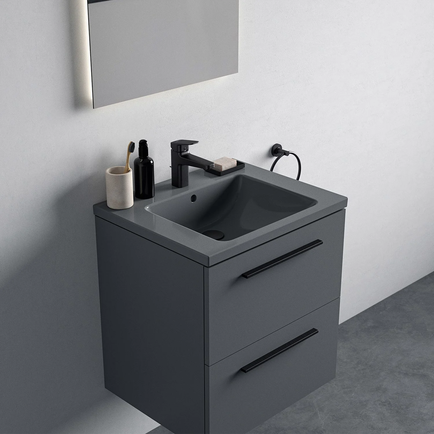 Szara umywalka z lustrem w łazience, Ideal Standard