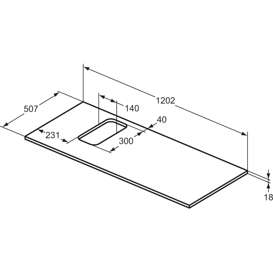 Rysunek techniczny blatu umywalki z wymiarami, Ideal Standard