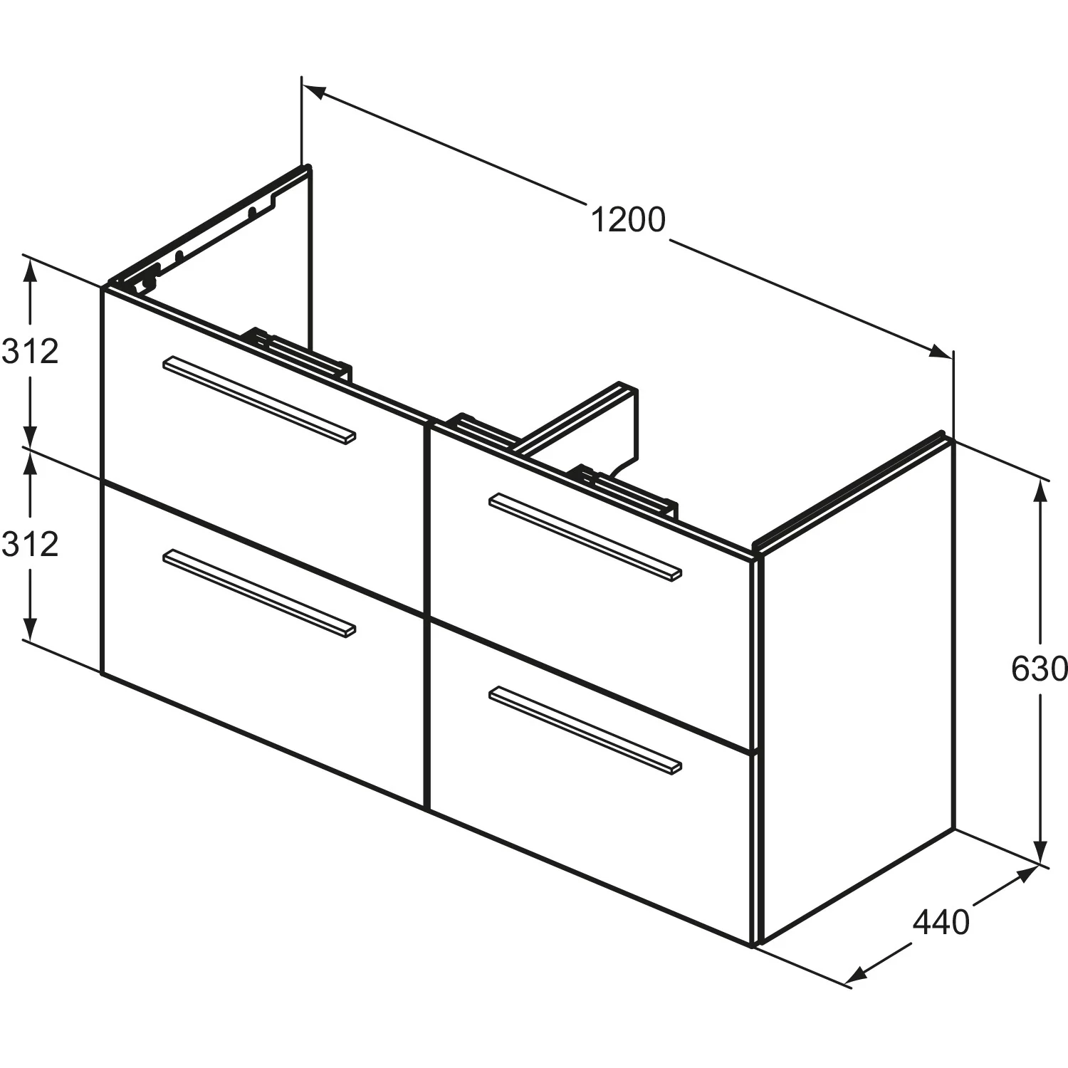 Rysunek techniczny szafki podwójnej umywalki, Ideal Standard