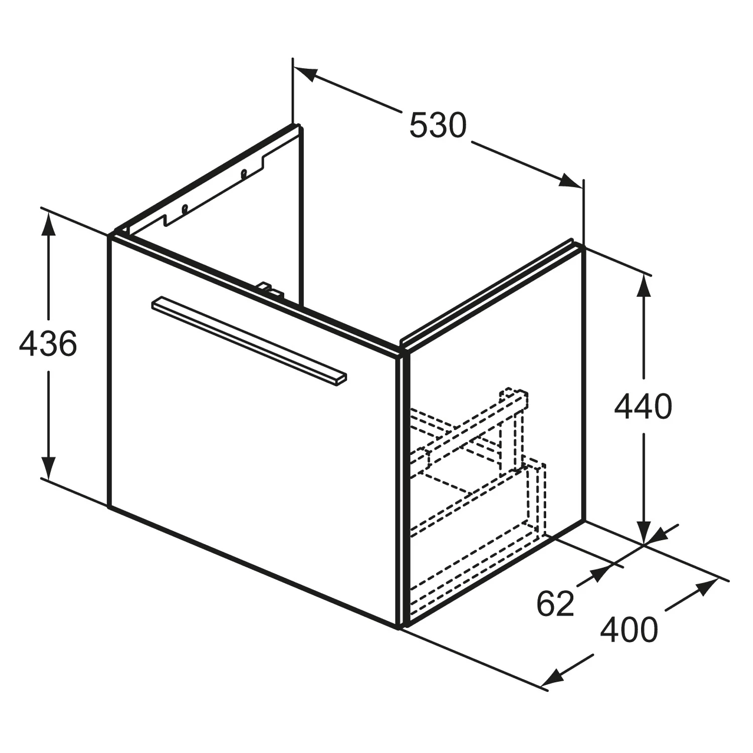 Rysunek techniczny szafki pod umywalkę z wymiarami, Ideal Standard