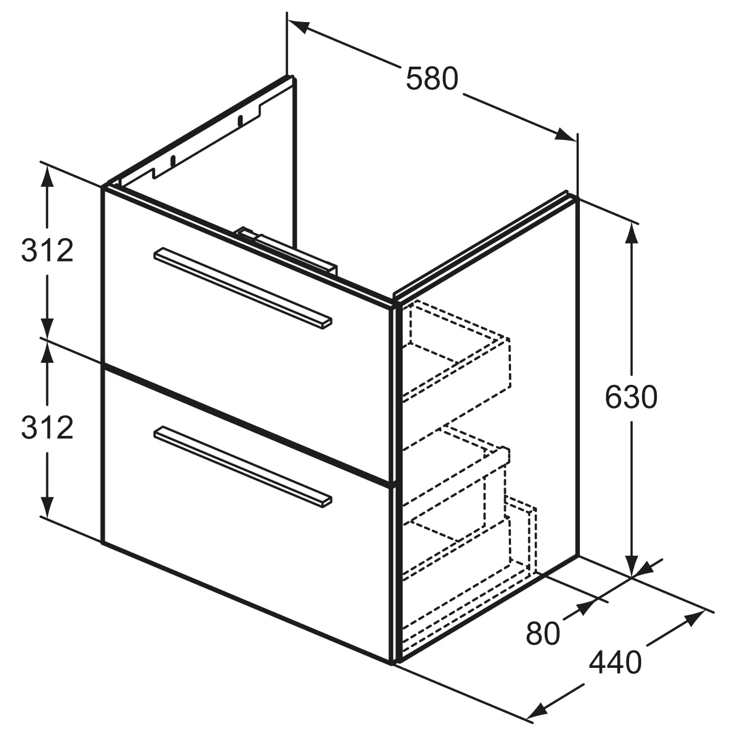 Rysunek techniczny szafki pod umywalkę z wymiarami, Ideal Standard