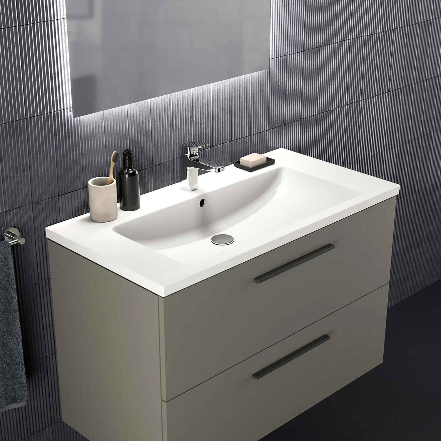 Pojedyncza umywalka z beżową szafką w łazience, Ideal Standard