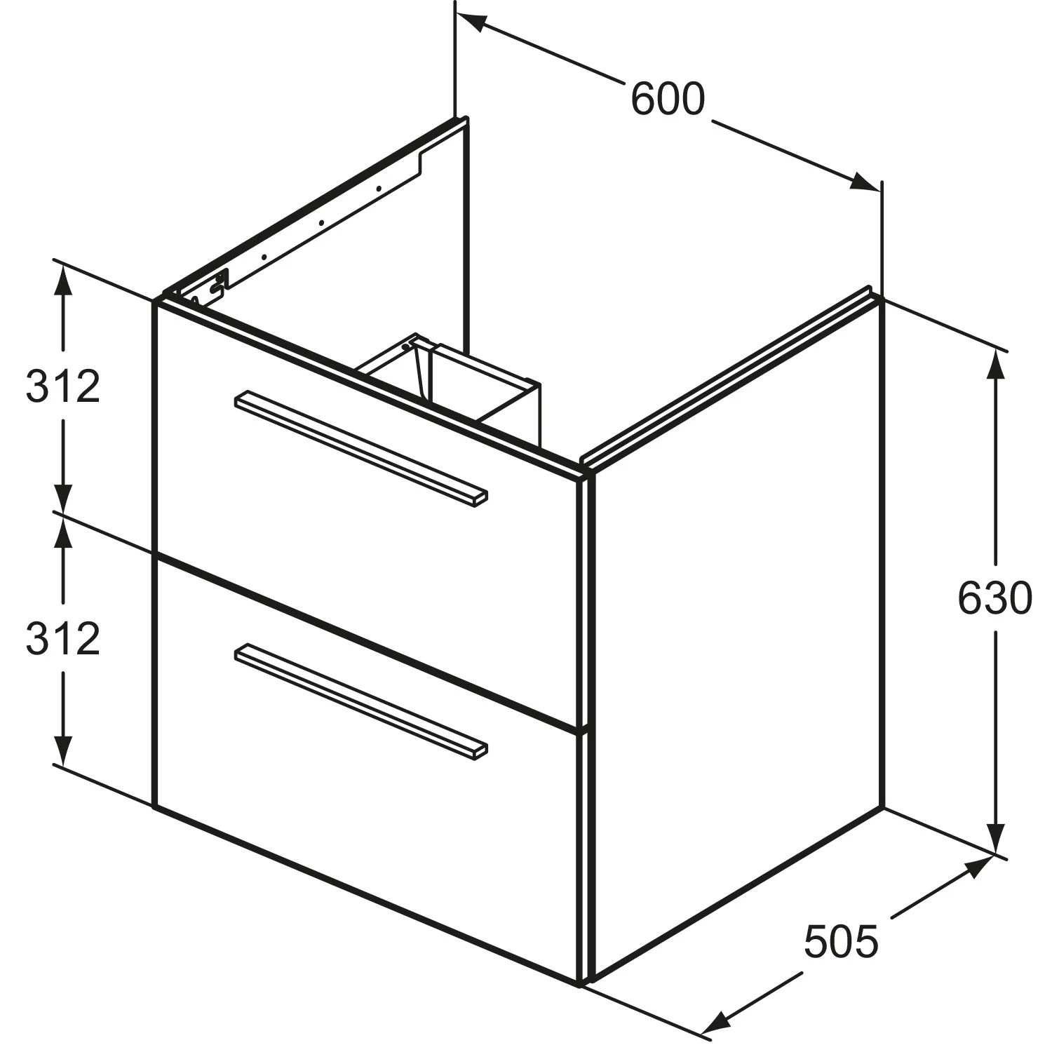 Rysunek techniczny szafki pod umywalkę z wymiarami, Ideal Standard