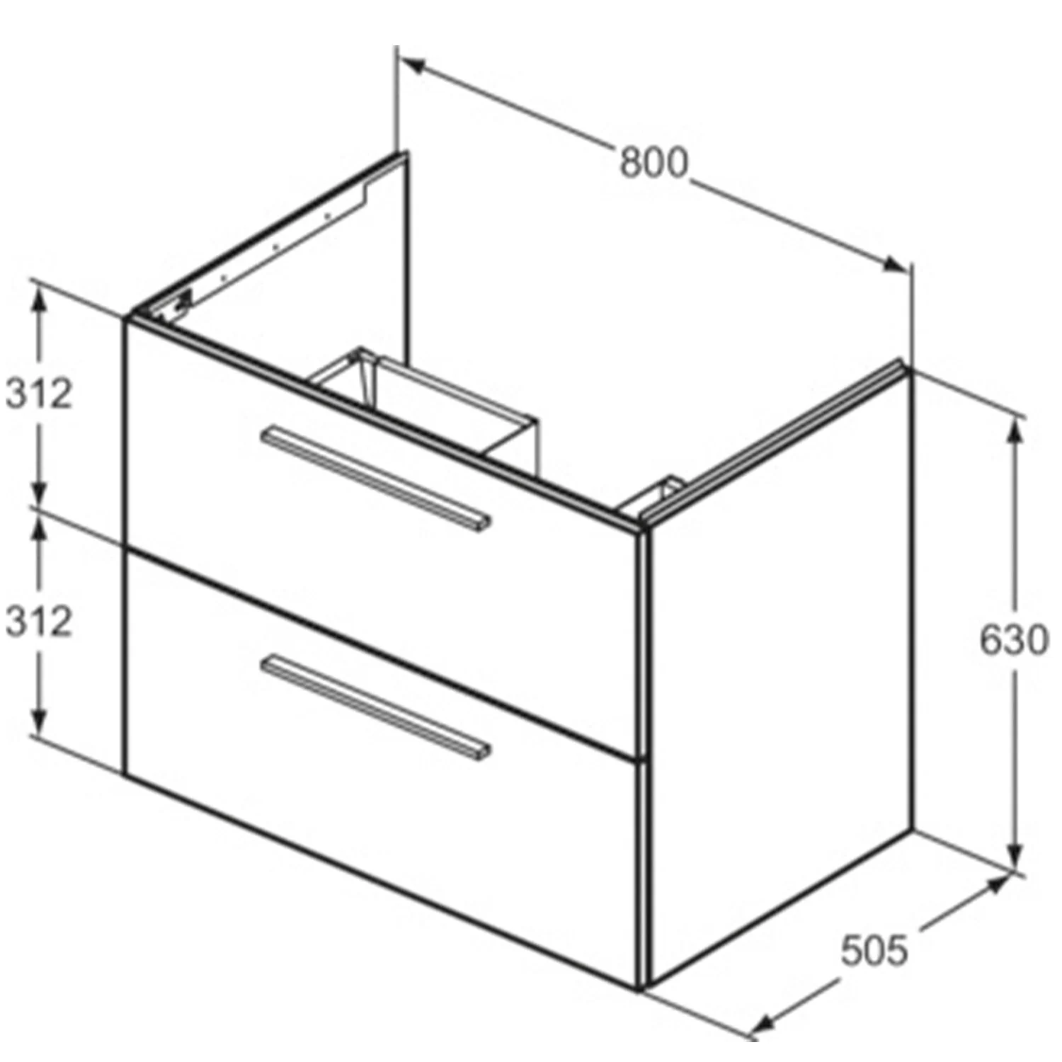 Rysunek techniczny szafki pod umywalkę z wymiarami, Ideal Standard