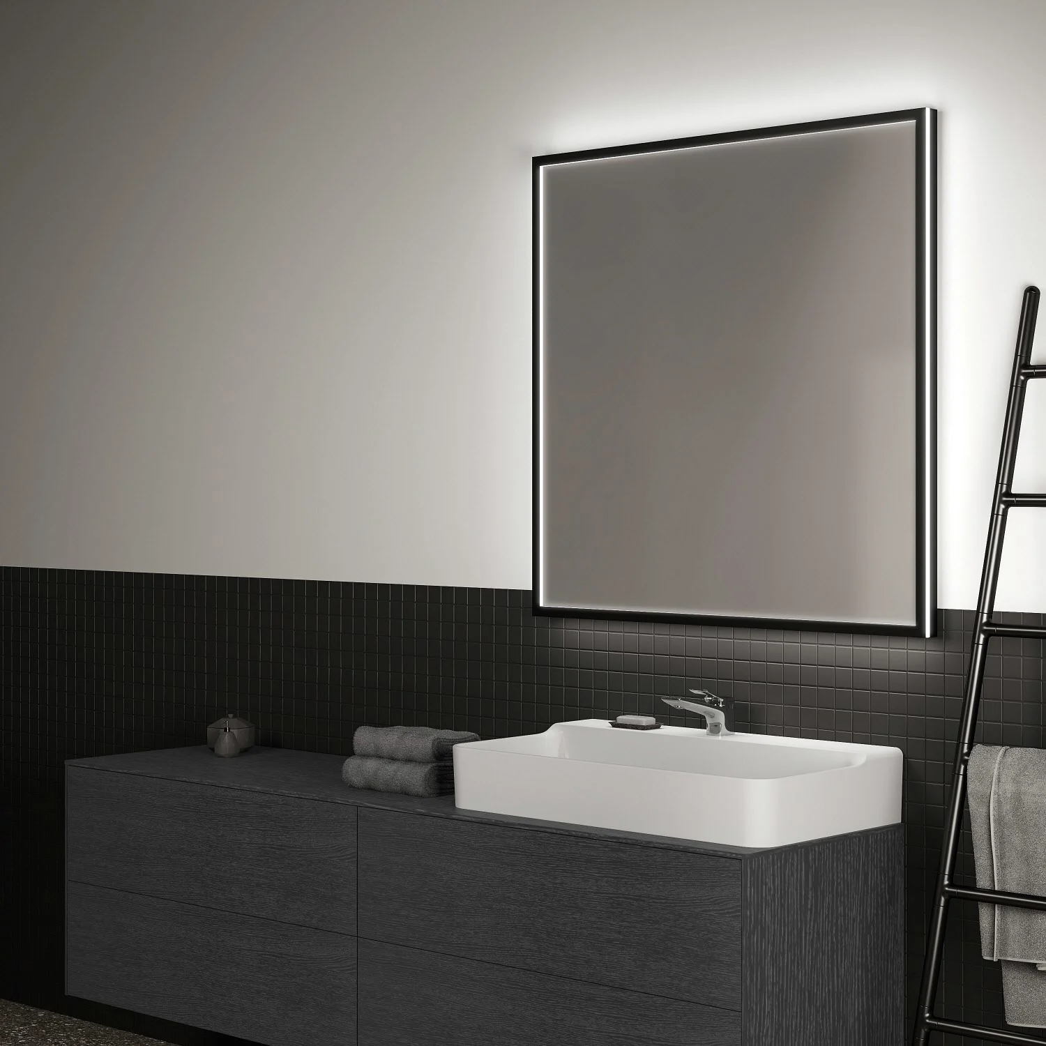 Ideal Standard Badspiegel Conca quadratisch 100 cm mit Beleuchtung und schwarzem Rahmen Bild 3