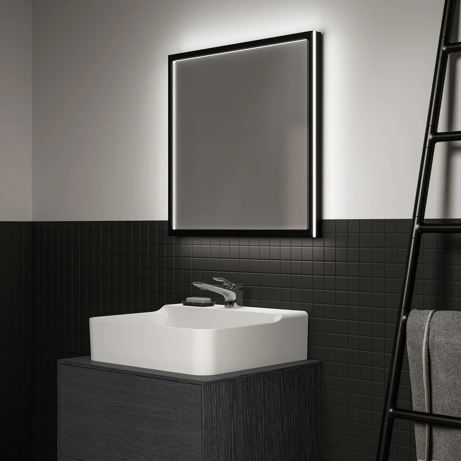 Ideal Standard Badspiegel Conca quadratisch 60 cm mit Beleuchtung und schwarzem Rahmen Bild 6