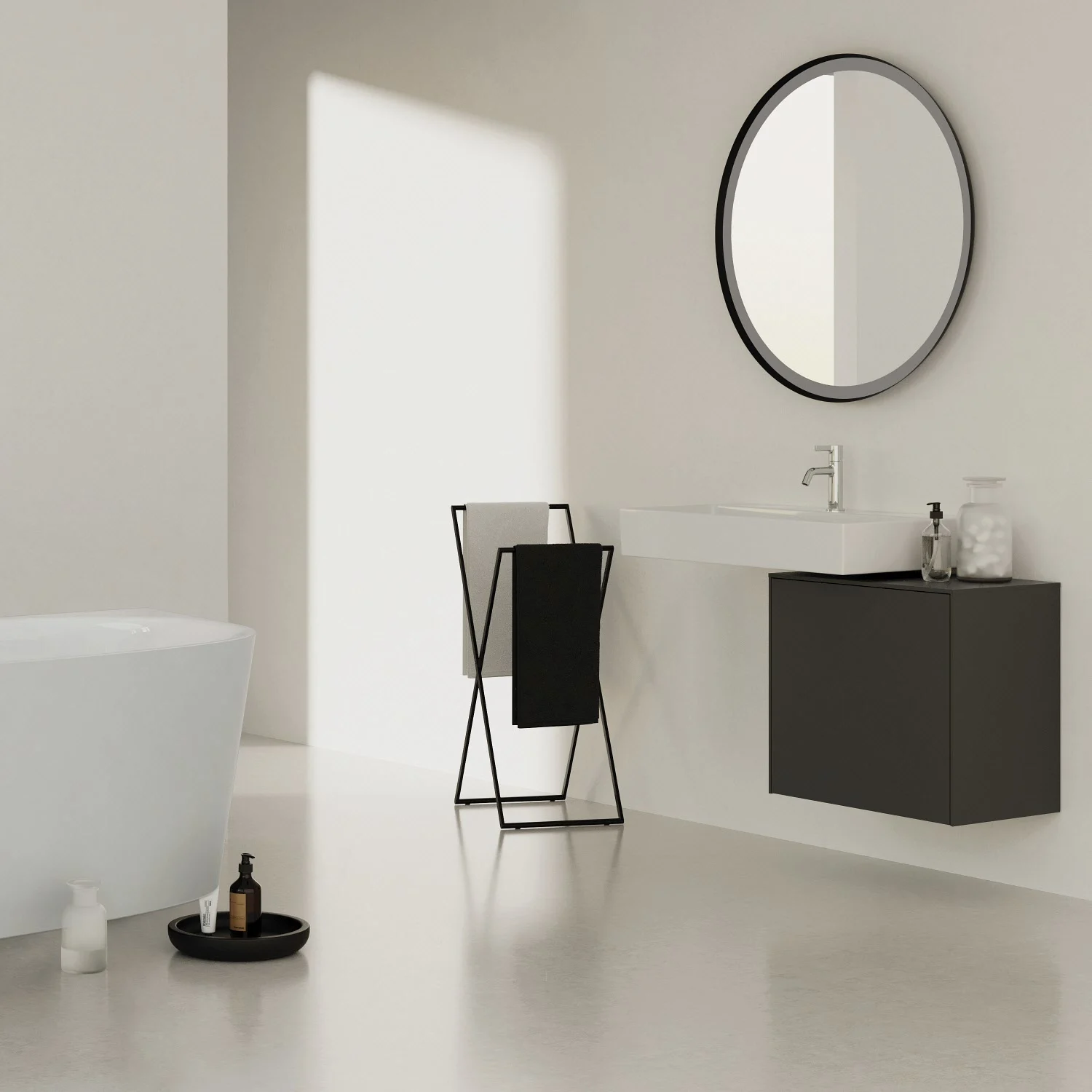 Okrągłe lustro nad toaletką w minimalistycznej łazience, Ideal Standard