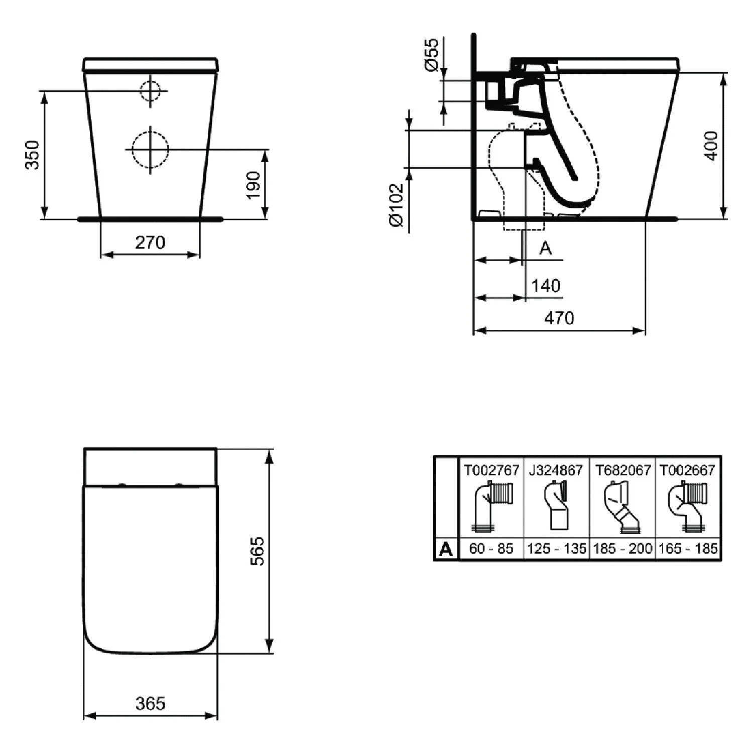 Rysunek techniczny stojącej toalety, Ideal Standard