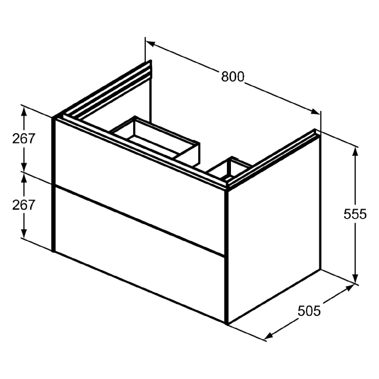Rysunek techniczny szafki umywalkowej z wymiarami, Ideal Standard