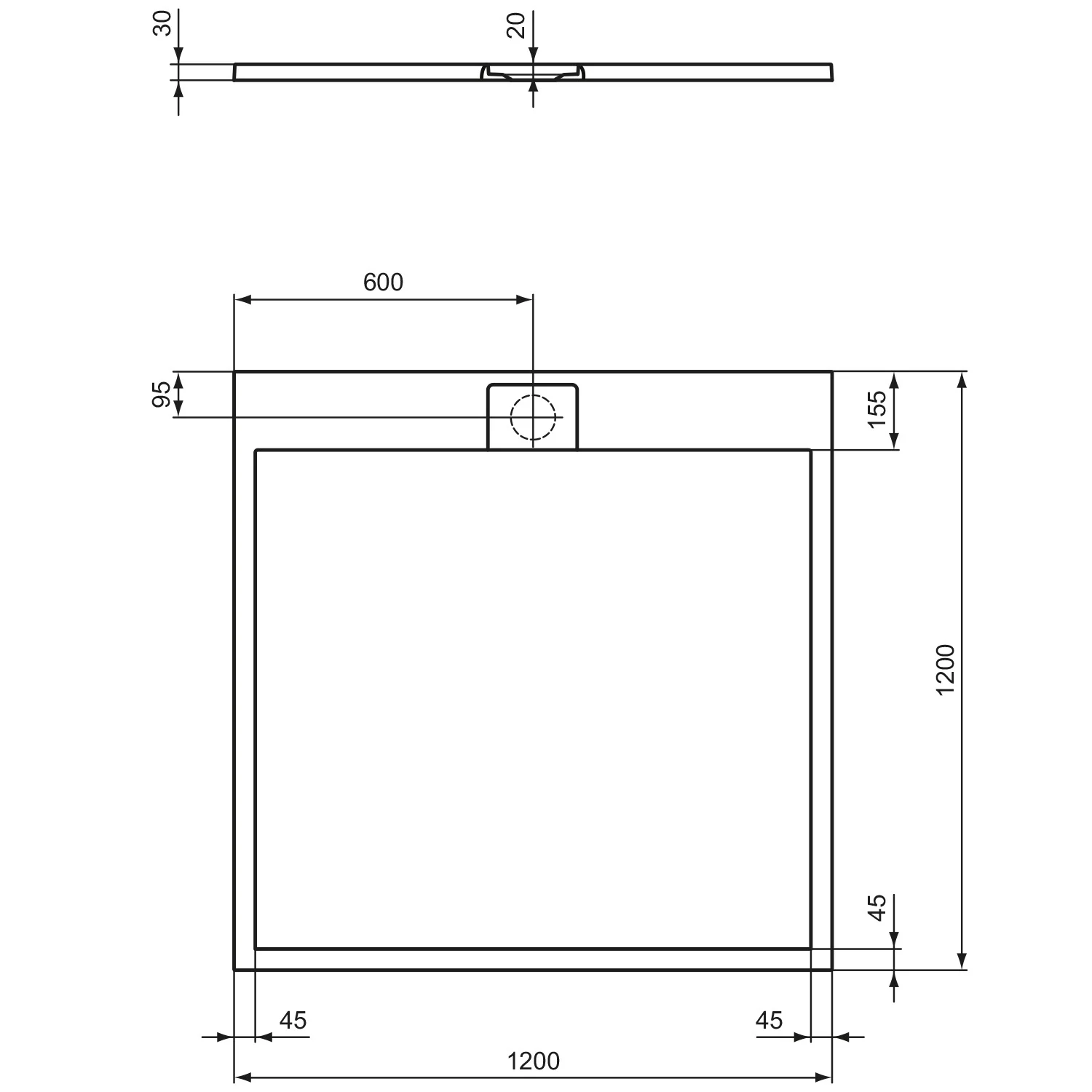 Rysunek techniczny kwadratowego brodzika z wymiarami, Ideal Standard
