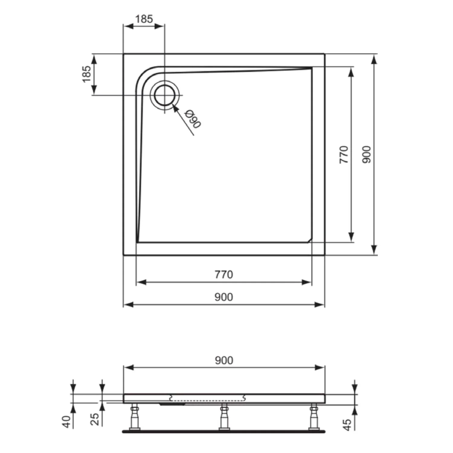 Rysunek techniczny kwadratowej brodzika prysznicowego, Ideal Standard
