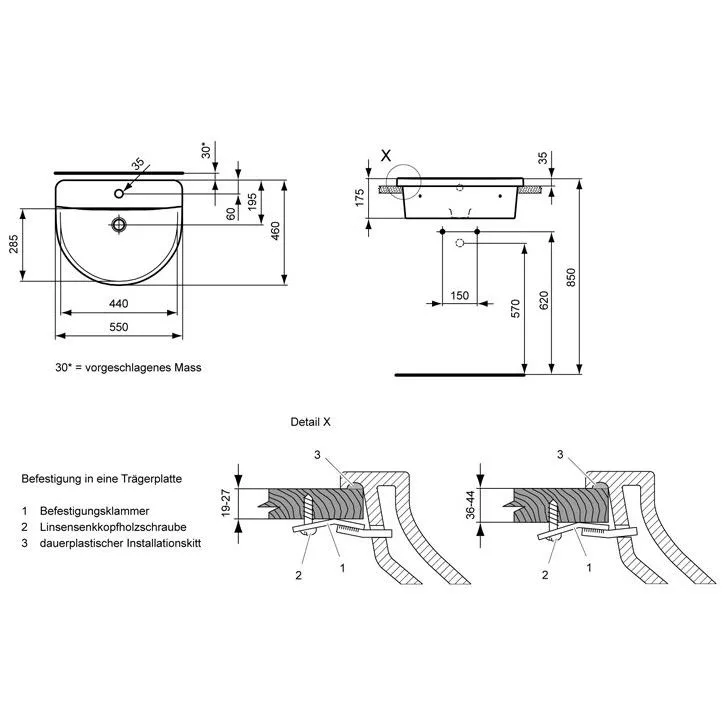 Rysunek techniczny umywalki z wymiarami, Ideal Standard