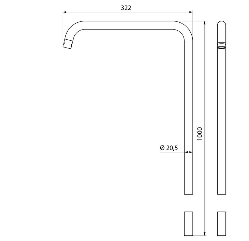Rysunek techniczny wylewki baterii z wymiarami, Ideal Standard