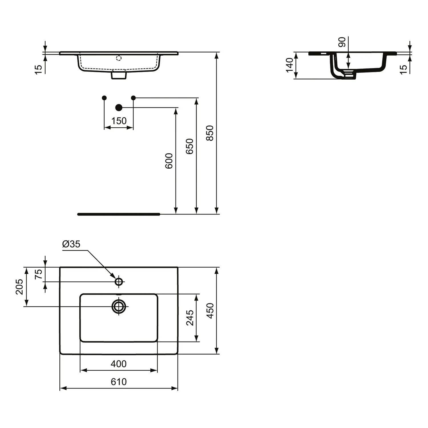 Ideal Standard Eurovit Waschtisch, 1 Hahnloch, mit Überlauf, 61 x 45 x 14 cm Bild 4