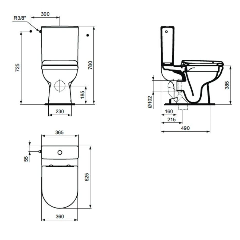 Rysunek techniczny zestawu WC z wymiarami, Ideal Standard