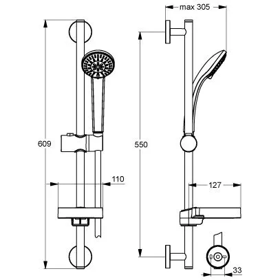Rysunek techniczny zestawu prysznicowego z wymiarami, Ideal Standard