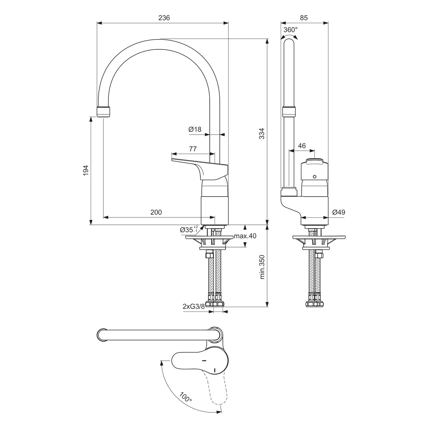 Rysunek techniczny baterii kuchennej z wymiarami, Ideal Standard