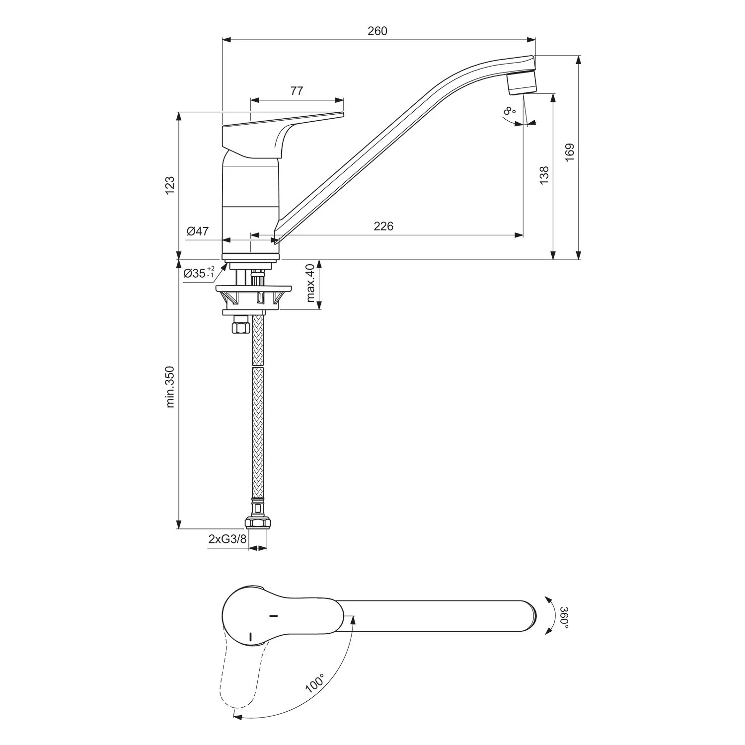 Rysunek techniczny baterii kuchennej z wymiarami, Ideal Standard