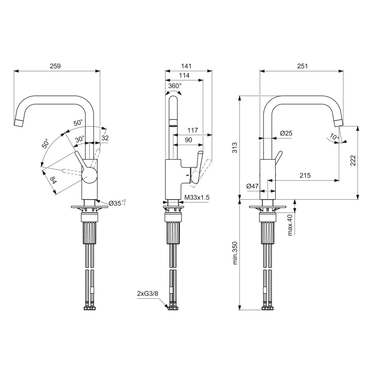 Rysunek techniczny baterii kuchennej z wymiarami, Ideal Standard