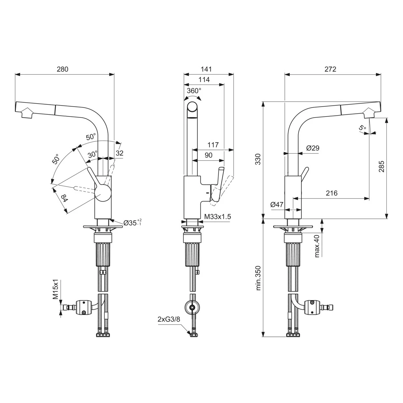 Rysunek techniczny baterii kuchennej z wymiarami, Ideal Standard