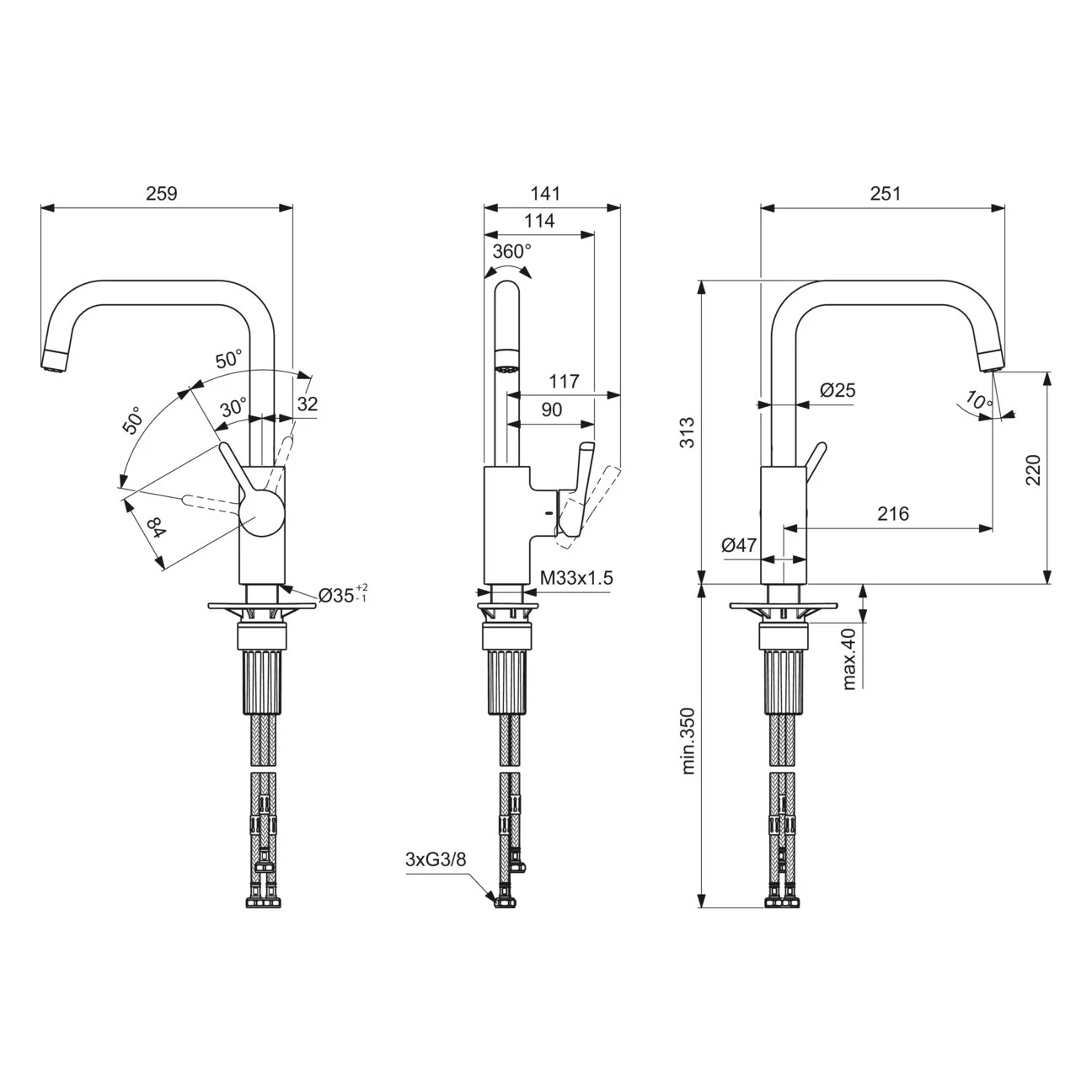 Rysunek techniczny baterii kuchennej z wymiarami, Ideal Standard