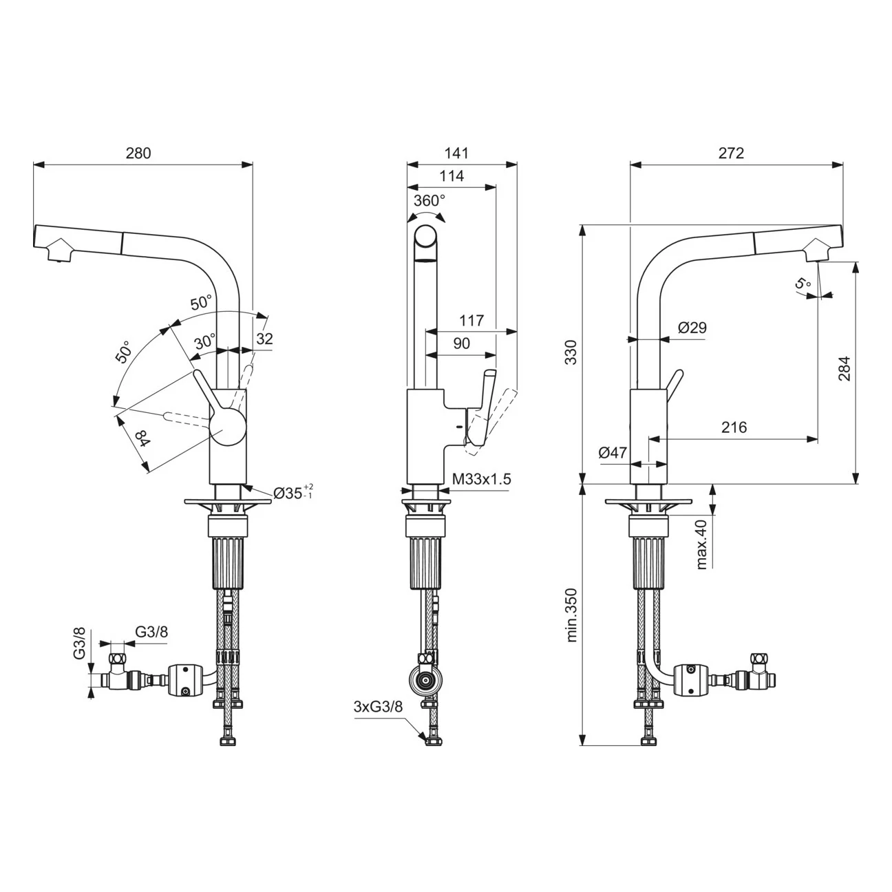 Rysunek techniczny baterii kuchennej z wymiarami, Ideal Standard