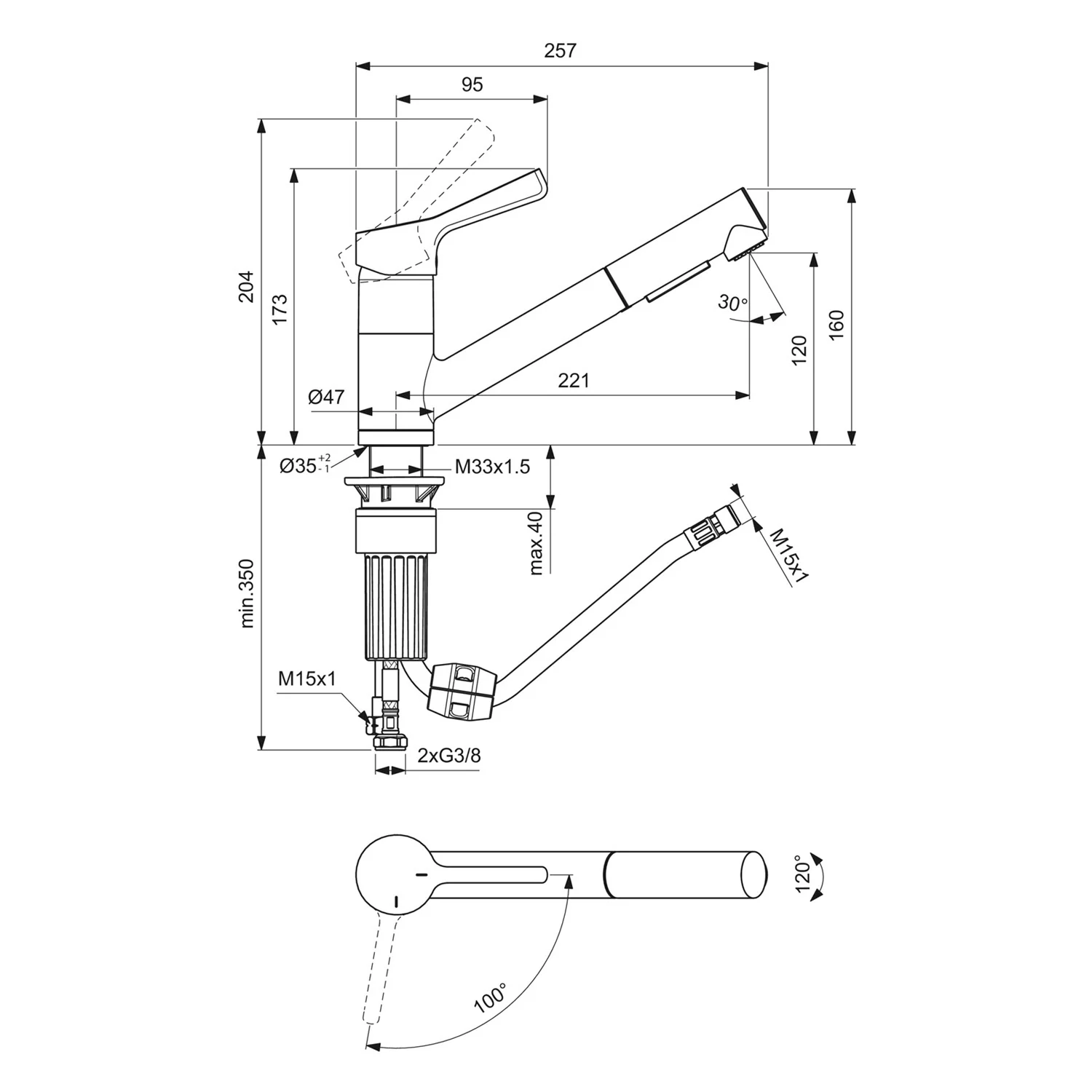Rysunek techniczny baterii kuchennej z wymiarami, Ideal Standard