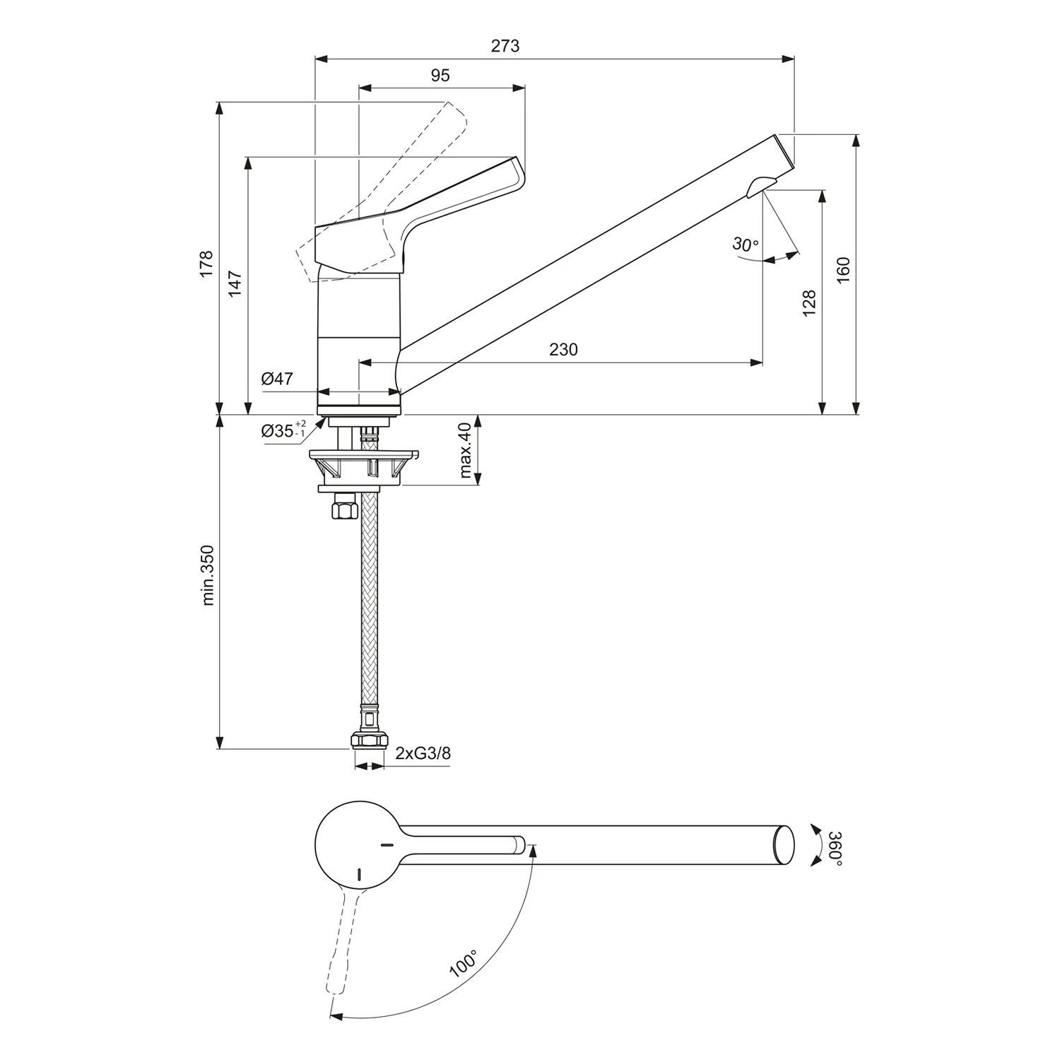 Rysunek techniczny baterii kuchennej z wymiarami, Ideal Standard