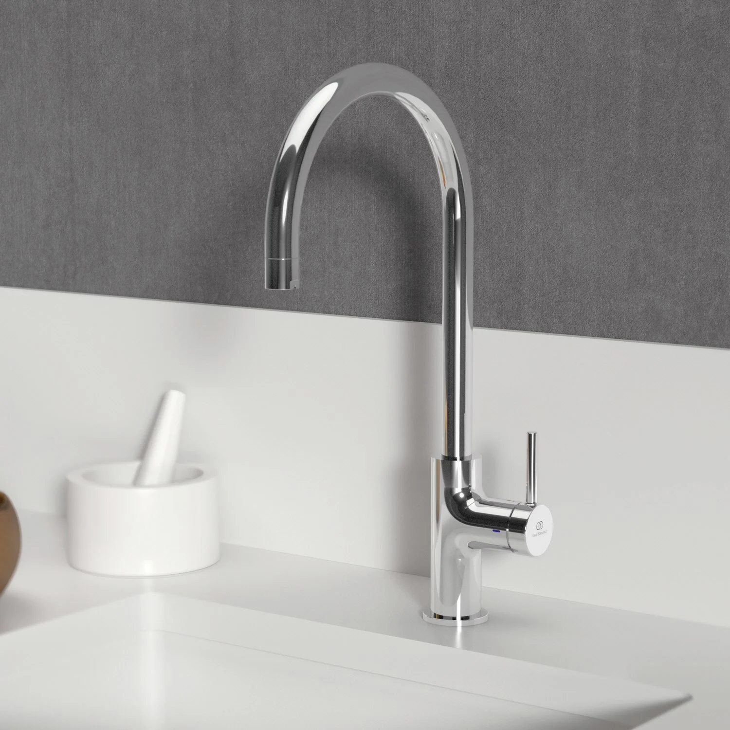 Bateria kuchenna Ideal Standard Ceraline Nuovo, wysięg 20 cm, wysoka wylewka, niskie ciśnienie