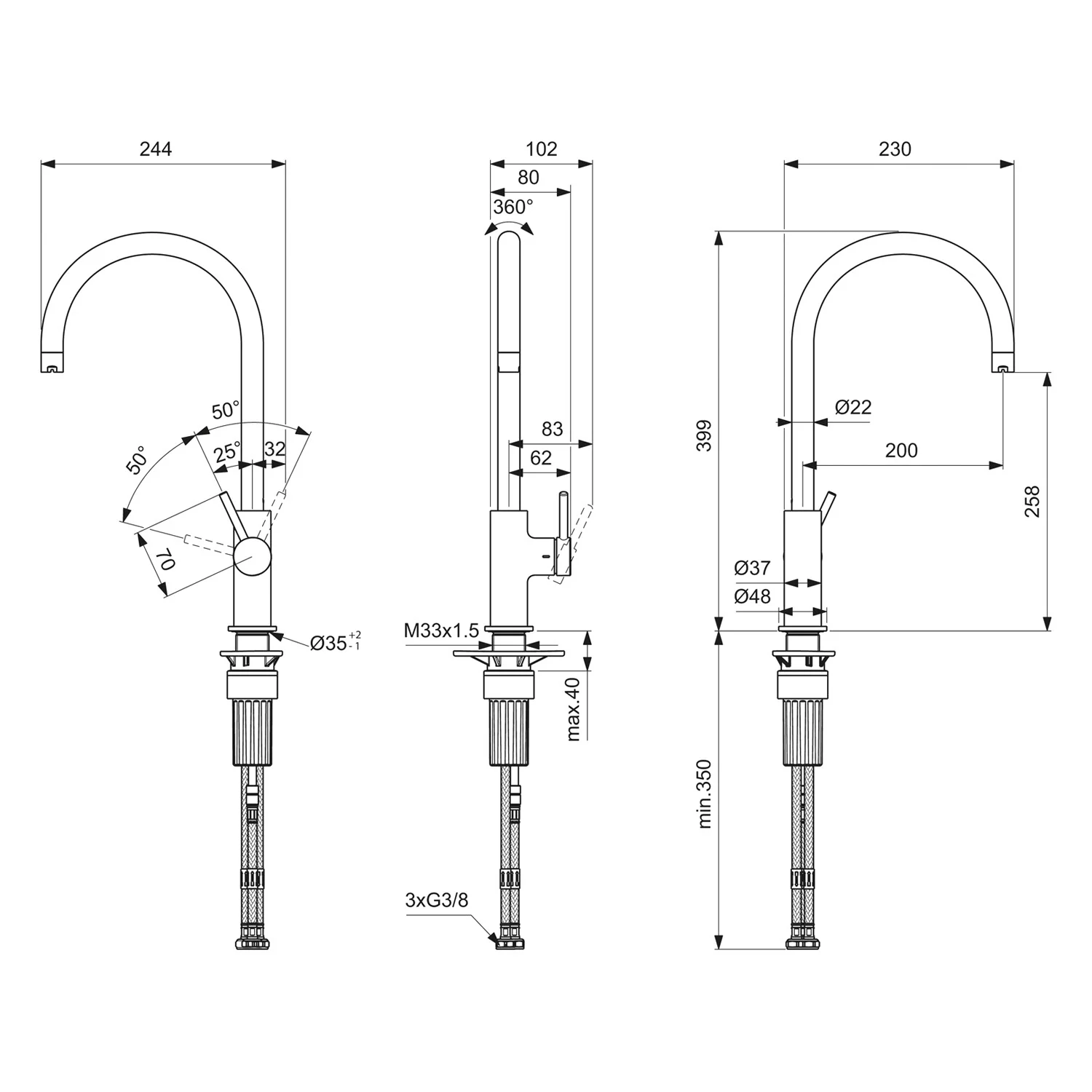Rysunek techniczny baterii kuchennej z wymiarami, Ideal Standard