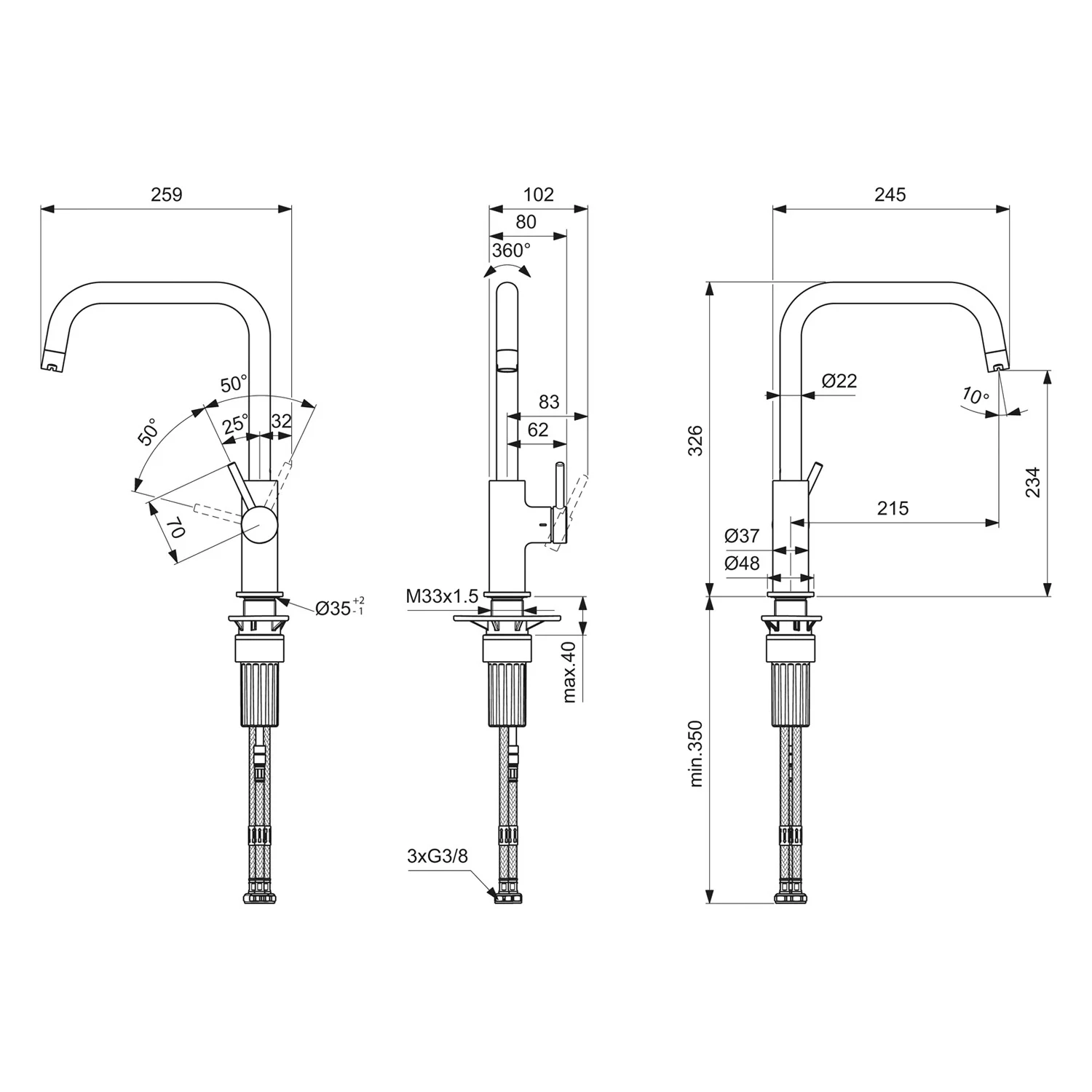 Rysunek techniczny baterii kuchennej z wymiarami, Ideal Standard