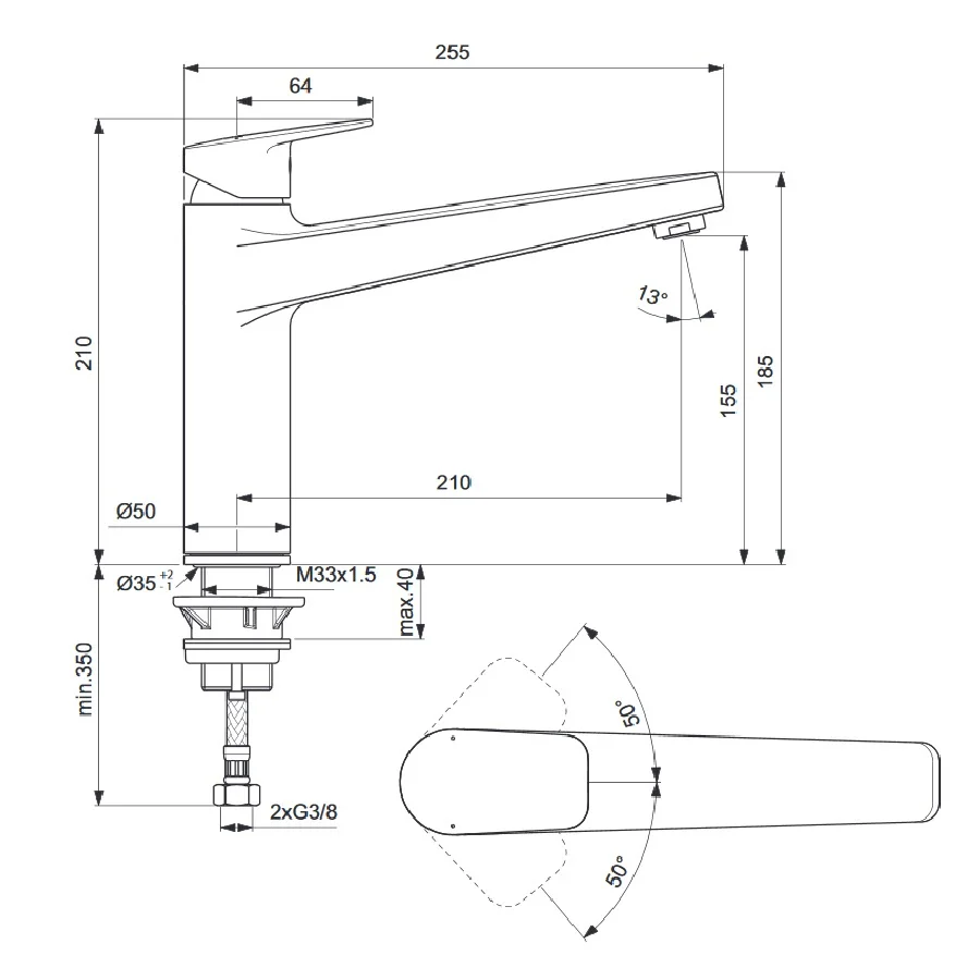 Rysunek techniczny baterii kuchennej z wymiarami, Ideal Standard