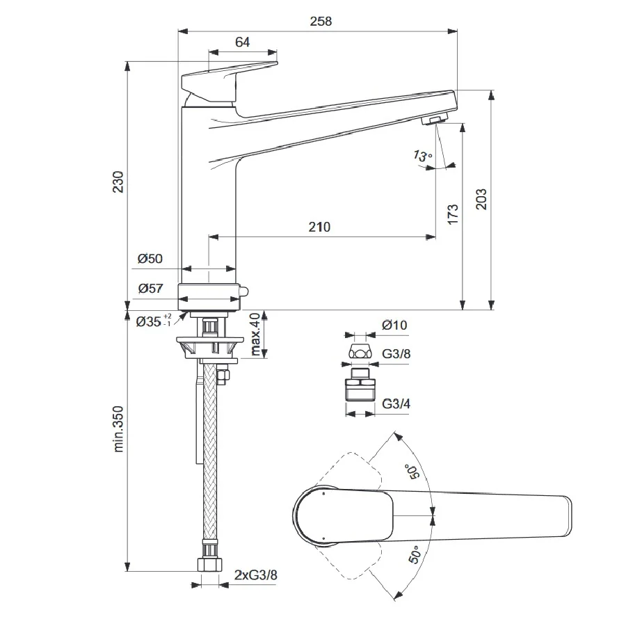 Rysunek techniczny baterii kuchennej z wymiarami, Ideal Standard