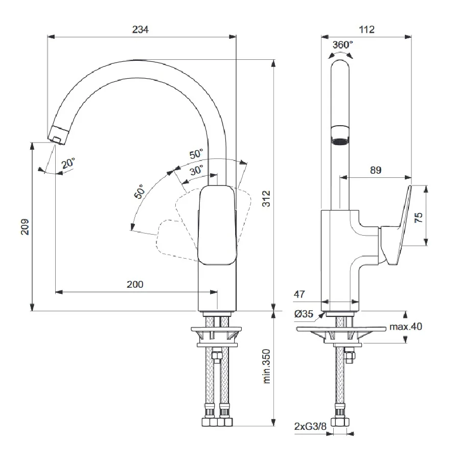 Rysunek techniczny wysokiej baterii kuchennej z wymiarami, Ideal Standard