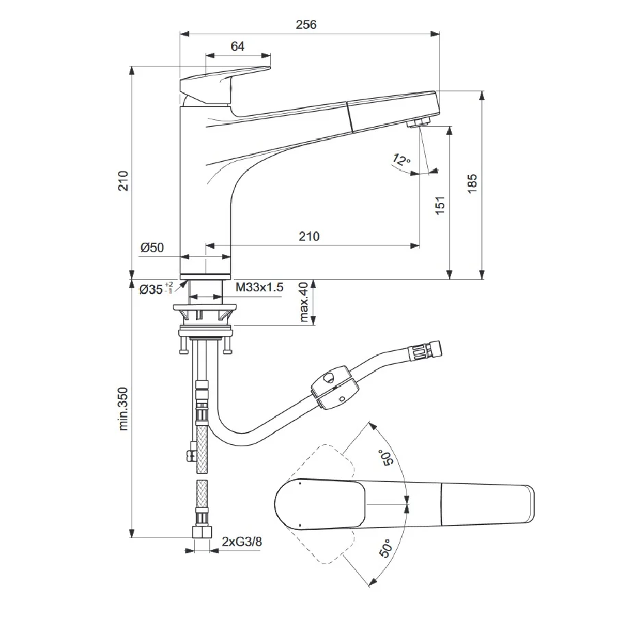 Rysunek techniczny baterii kuchennej z wymiarami, Ideal Standard