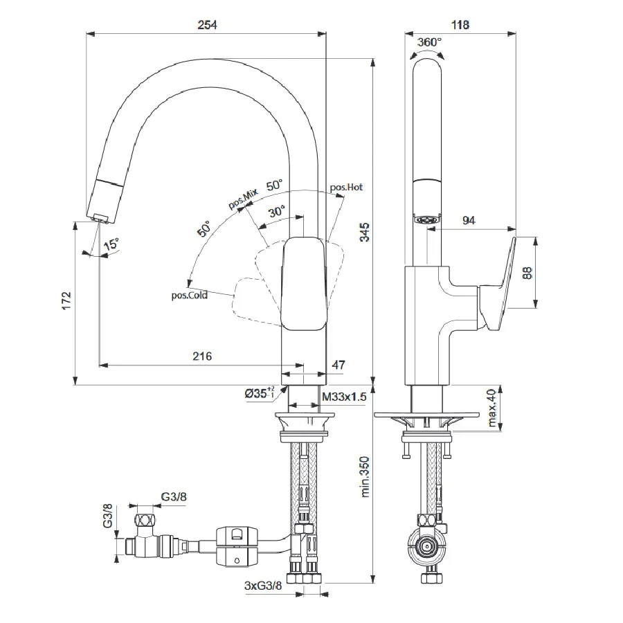 Rysunek techniczny baterii kuchennej z wylewką, Ideal Standard